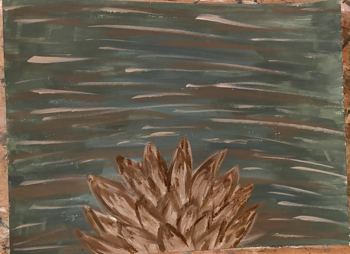 A smaller, quicker painting of the agave in brown, set low against a blue-gray ground with thin pink streaks.