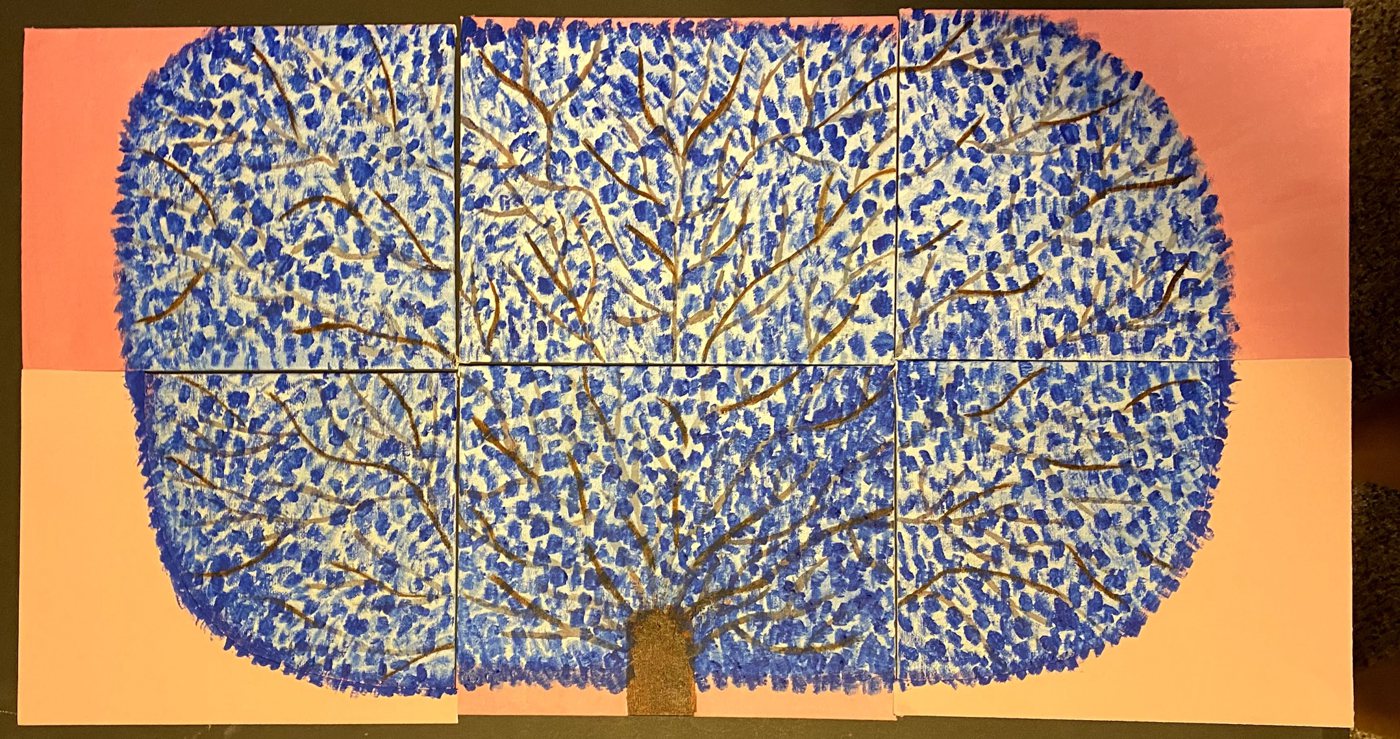Six canvases arranged in two rows forming one painting: a short trunk with brown branches spreading through dense blue brush marks, against pink and peach.