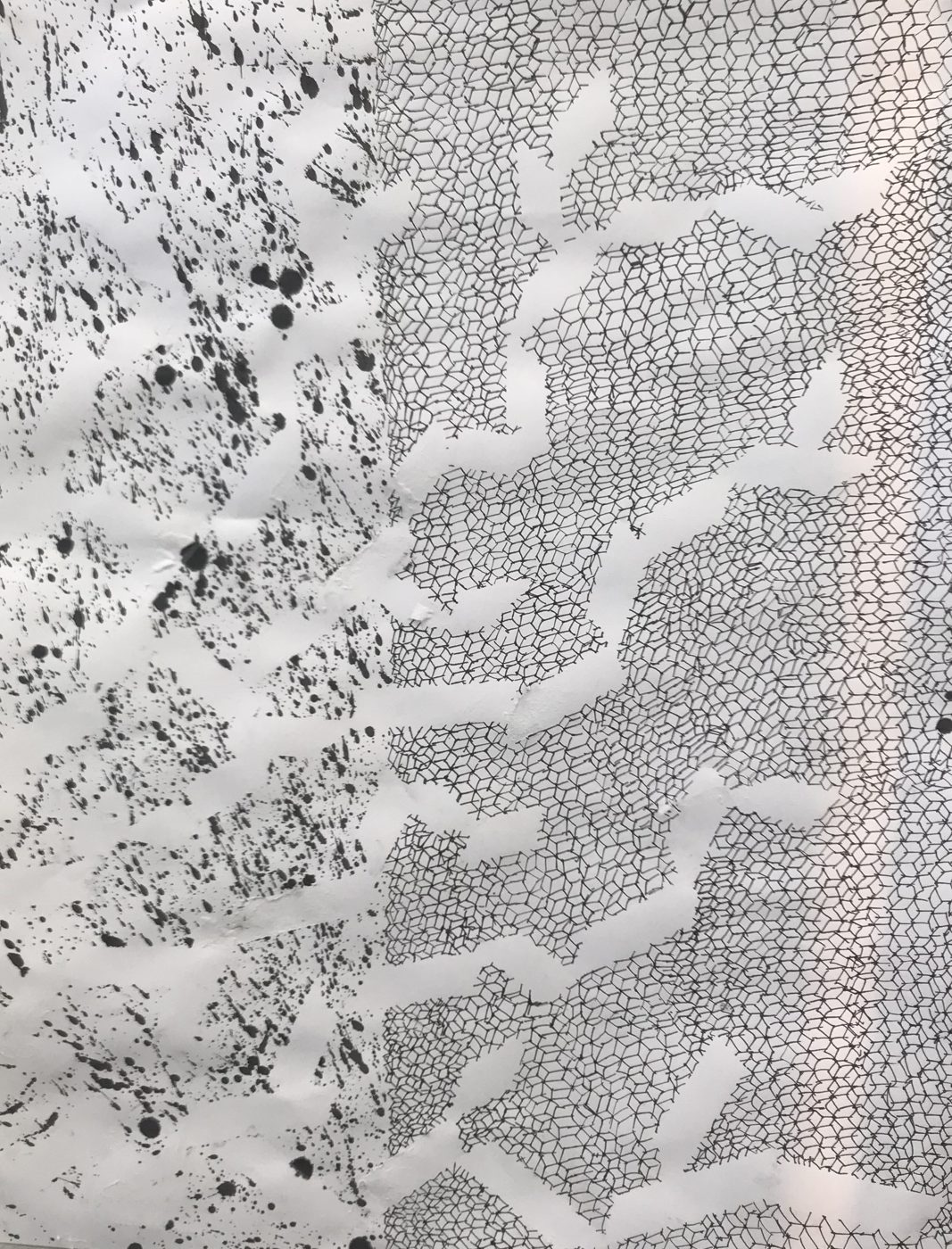 Abstract ink drawing with no bottle or stalk left: ink spatter on the left, a hand-drawn lattice of small cubes on the right, and torn white shapes crossing both.