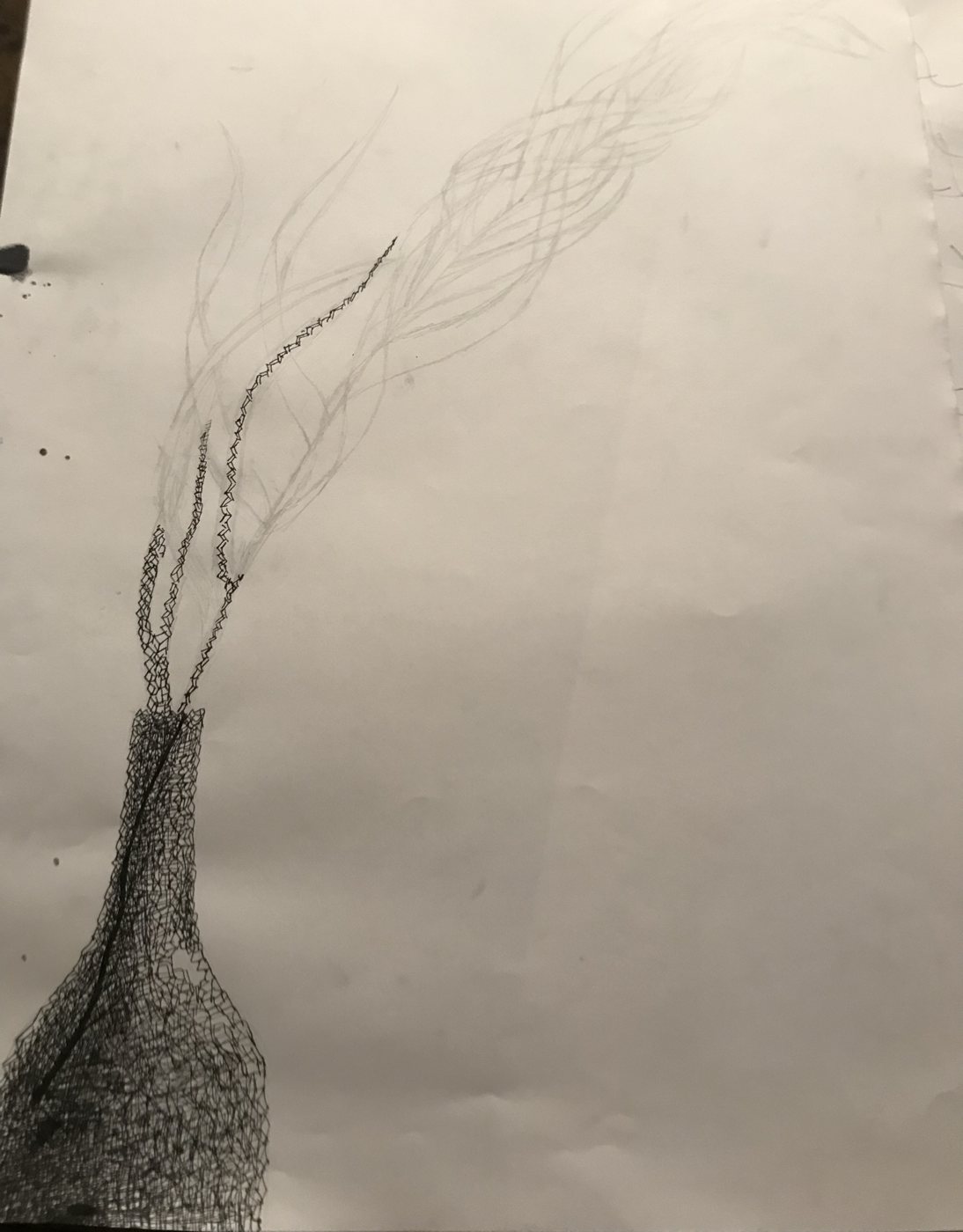 The same drawing with the bottle filled in by a dense net of small ink marks and the stalk still in pencil above it.