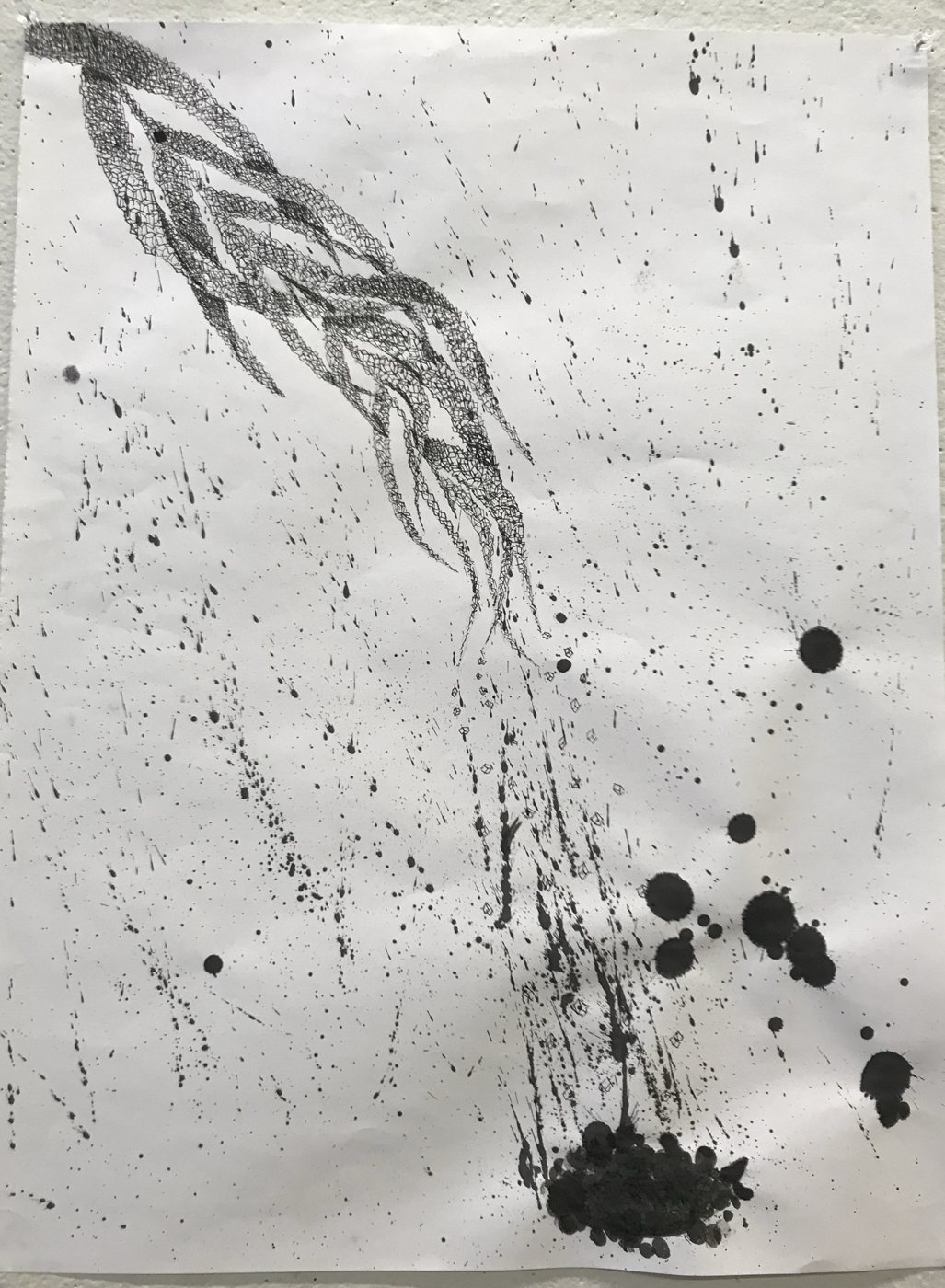 Ink drawing in which the braided stalk enters from the upper left and dissolves into streaks, drips, and heavy blots of ink falling down the sheet.