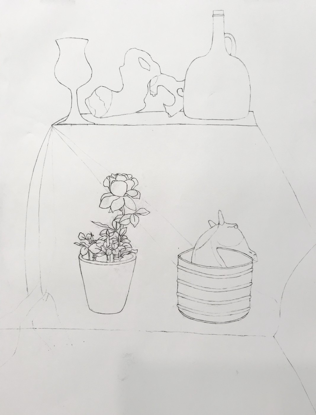 Light pencil drawing of a shelf holding a glass, a jug, and a bottle, with a potted rose and a striped jar on the table below.