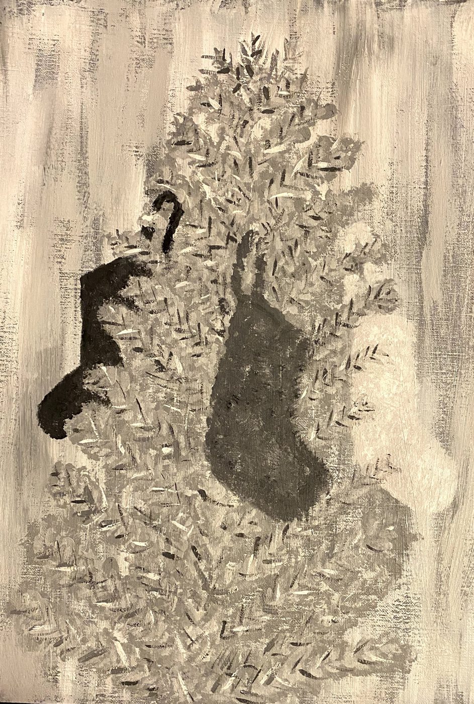 Second gray painting of the tree, built from scattered leaf-shaped strokes, with two dark stockings at the center and vertical brush drags in the background.