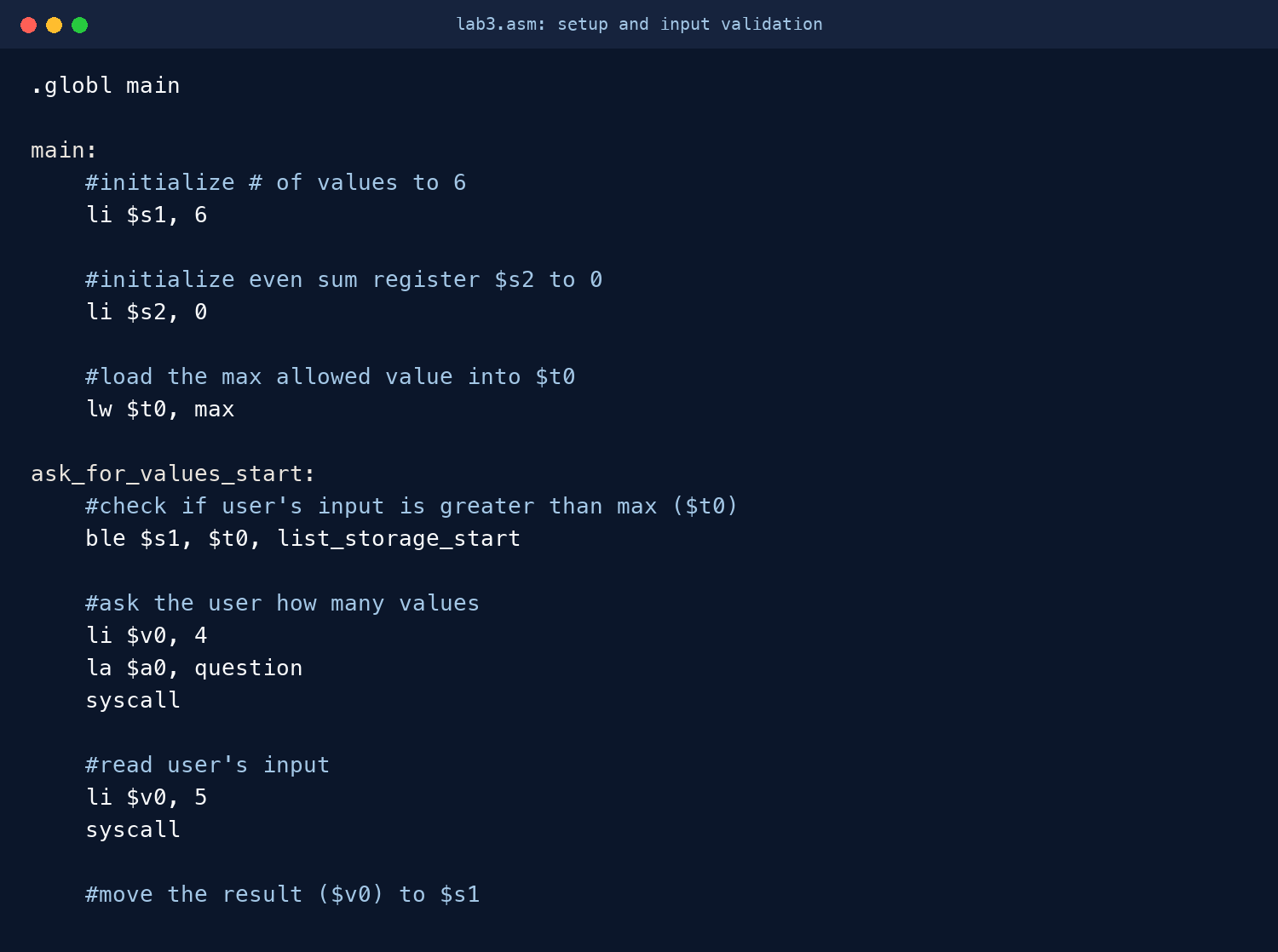 MIPS source that initializes registers and validates the number of values