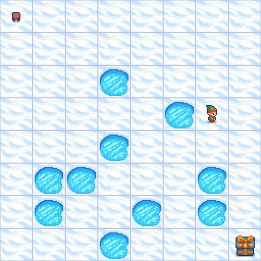 The eight by eight FrozenLake environment with the agent near the top right